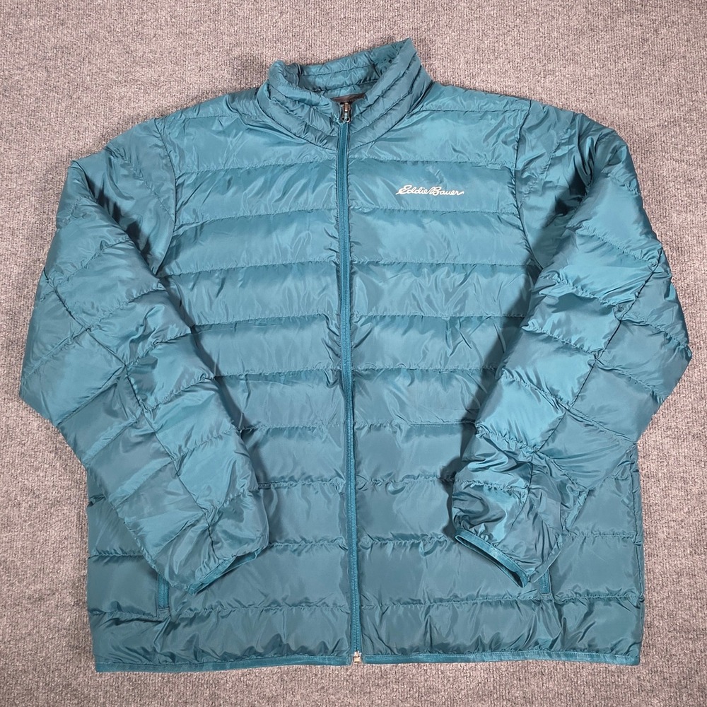 Eddie Bauer EB650 Down Puffer Jacket Mens 2XL Teal Blue Full Zip Quilted Coat